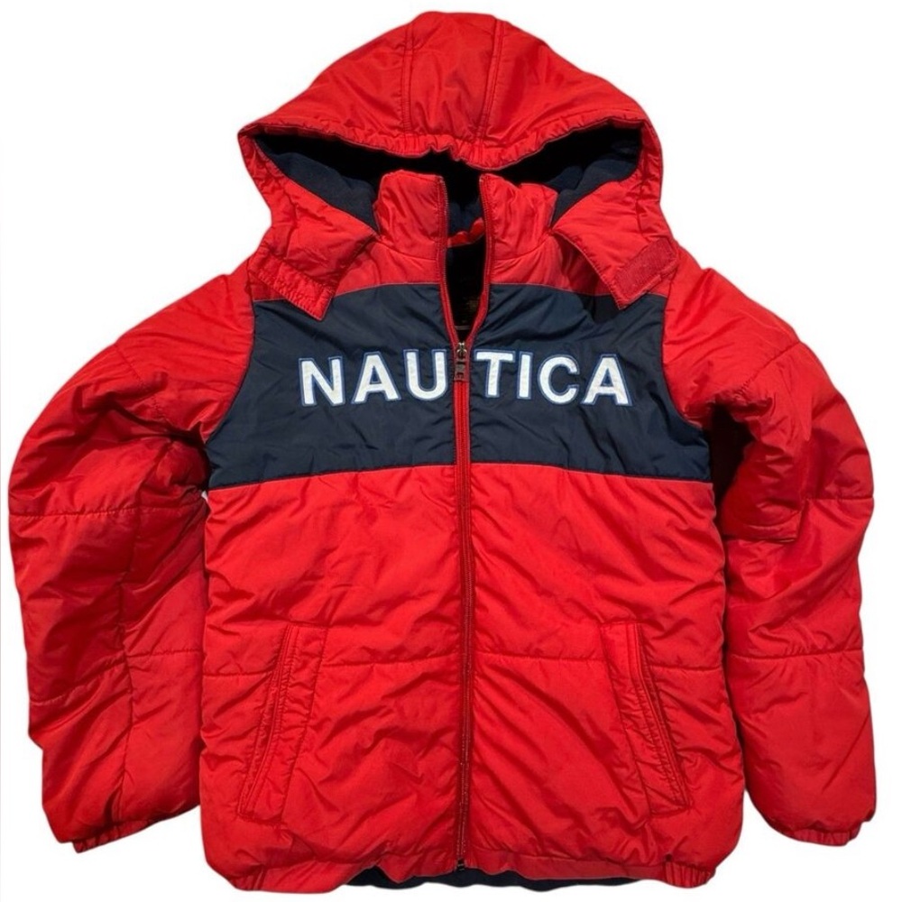 Nautica Kids Puffer Jacket Hooded Winter Coat Red Blue‎ Size L 12/14 Spell Out